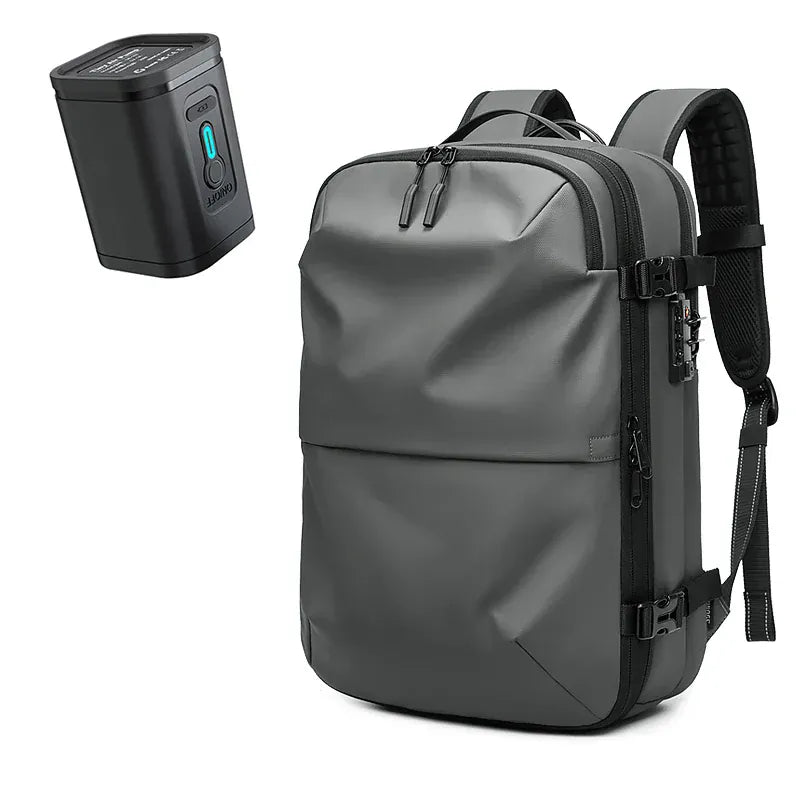 Grey vacuum-compression backpack with electric pump, adjustable straps, modern design