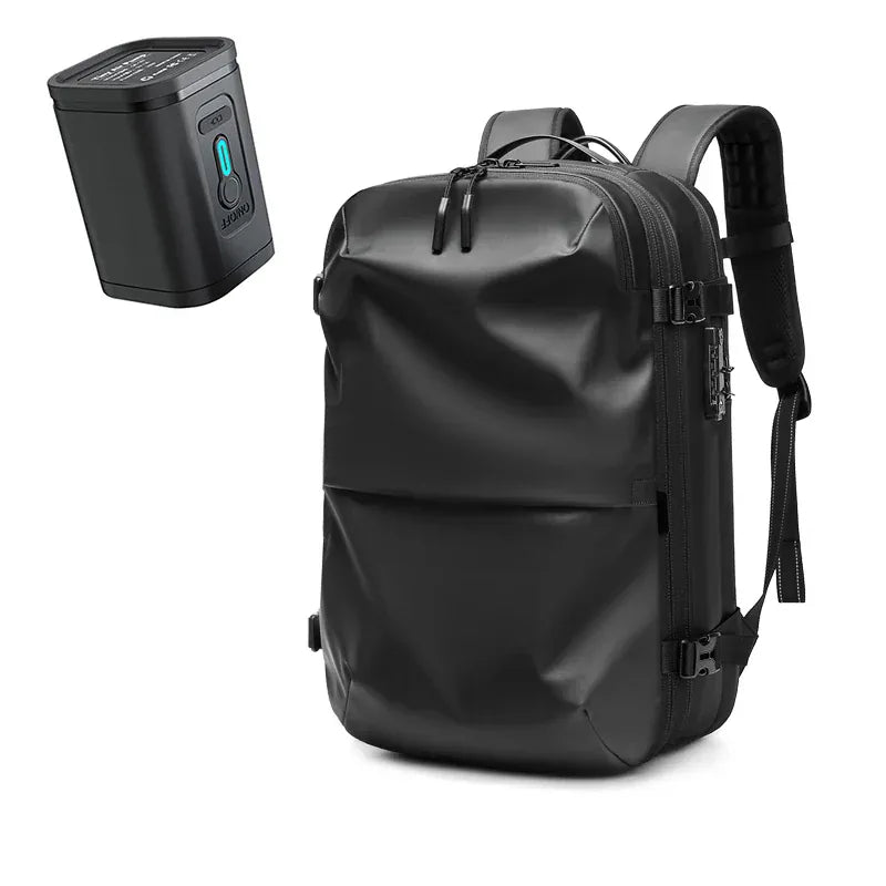 Black vacuum-compression travel backpack with compact portable pump shown beside it