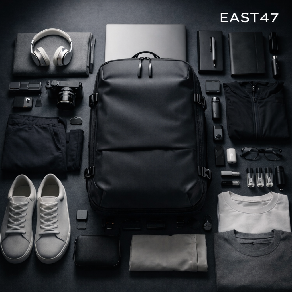Sleek black travel backpack surrounded by organized travel essentials, clothes, shoes, and gadgets.